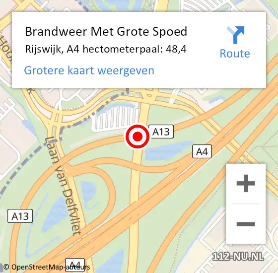 Locatie op kaart van de 112 melding: Brandweer Met Grote Spoed Naar Rijswijk, A4 hectometerpaal: 48,4 op 27 juli 2024 13:42