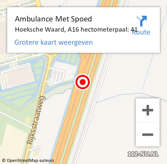 Locatie op kaart van de 112 melding: Ambulance Met Spoed Naar Hoeksche Waard, A16 hectometerpaal: 41 op 27 juli 2024 14:33