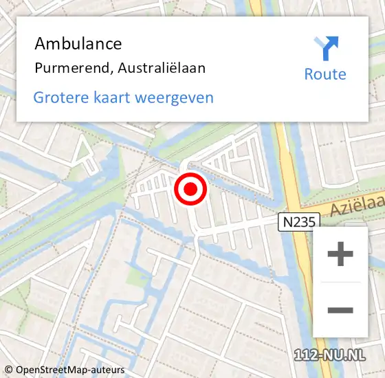 Locatie op kaart van de 112 melding: Ambulance Purmerend, Australiëlaan op 27 juli 2024 15:56