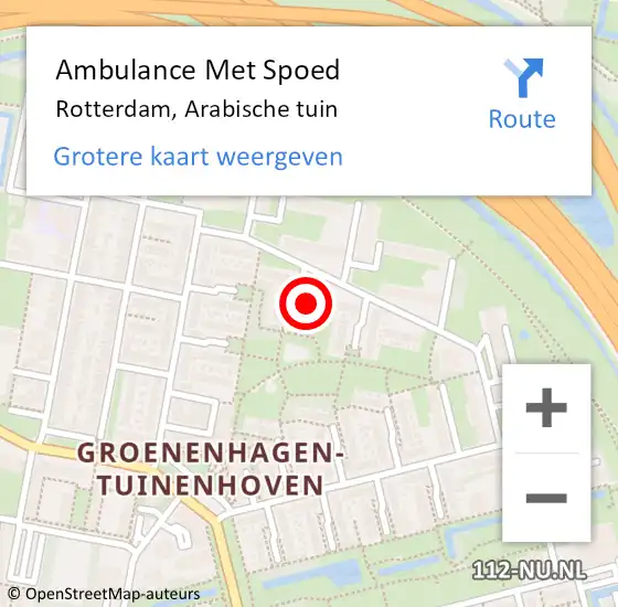 Locatie op kaart van de 112 melding: Ambulance Met Spoed Naar Rotterdam, Arabische tuin op 27 juli 2024 16:17