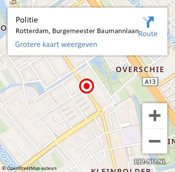 Locatie op kaart van de 112 melding: Politie Rotterdam, Burgemeester Baumannlaan op 27 juli 2024 17:44