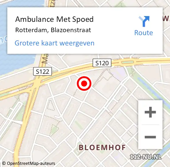 Locatie op kaart van de 112 melding: Ambulance Met Spoed Naar Rotterdam, Blazoenstraat op 27 juli 2024 20:22