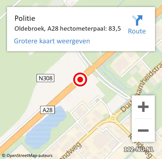 Locatie op kaart van de 112 melding: Politie Oldebroek, A28 hectometerpaal: 83,5 op 27 juli 2024 23:07