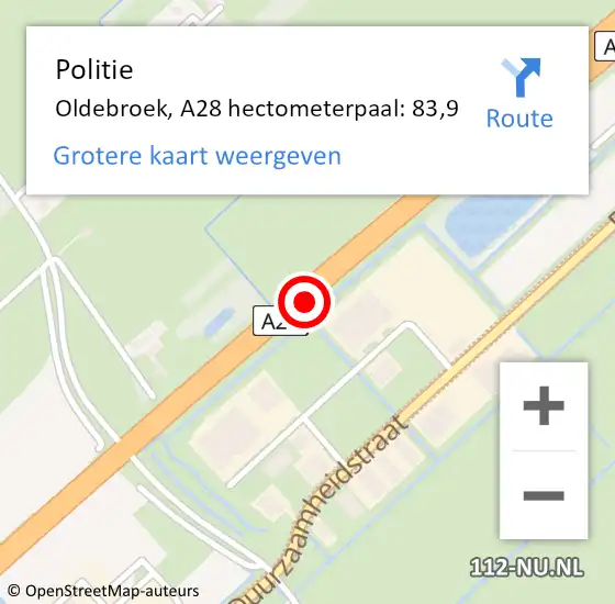 Locatie op kaart van de 112 melding: Politie Oldebroek, A28 hectometerpaal: 83,9 op 27 juli 2024 23:08