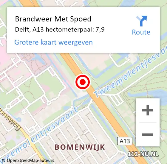 Locatie op kaart van de 112 melding: Brandweer Met Spoed Naar Delft, A13 hectometerpaal: 7,9 op 27 juli 2024 23:54