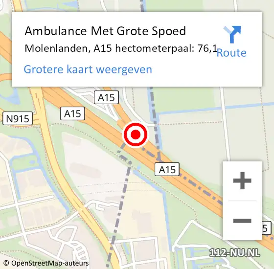 Locatie op kaart van de 112 melding: Ambulance Met Grote Spoed Naar Molenlanden, A15 hectometerpaal: 76,1 op 28 juli 2024 05:42