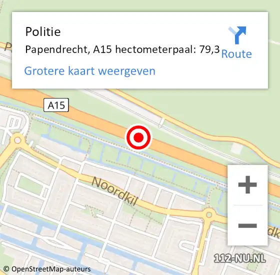 Locatie op kaart van de 112 melding: Politie Papendrecht, A15 hectometerpaal: 79,3 op 28 juli 2024 05:42