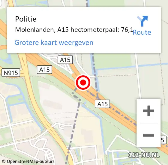 Locatie op kaart van de 112 melding: Politie Molenlanden, A15 hectometerpaal: 76,1 op 28 juli 2024 05:44