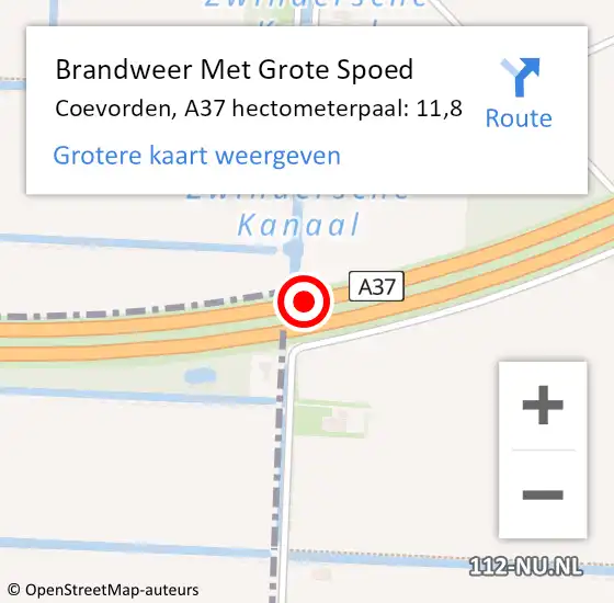 Locatie op kaart van de 112 melding: Brandweer Met Grote Spoed Naar Coevorden, A37 hectometerpaal: 11,8 op 28 juli 2024 06:05