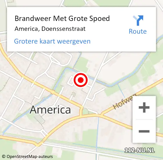 Locatie op kaart van de 112 melding: Brandweer Met Grote Spoed Naar America, Doenssenstraat op 28 juli 2024 06:26