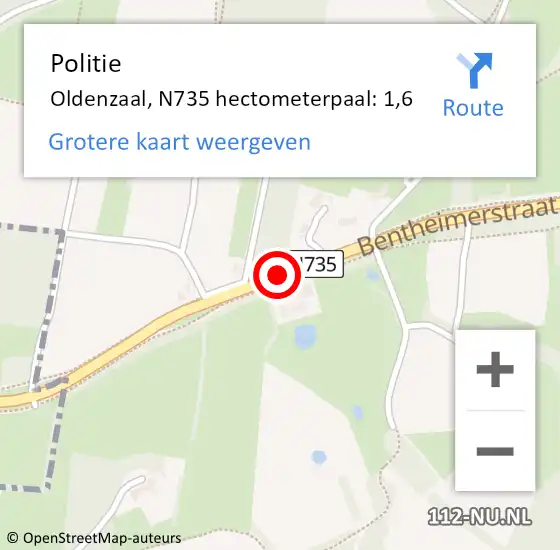 Locatie op kaart van de 112 melding: Politie Oldenzaal, N735 hectometerpaal: 1,6 op 28 juli 2024 08:39