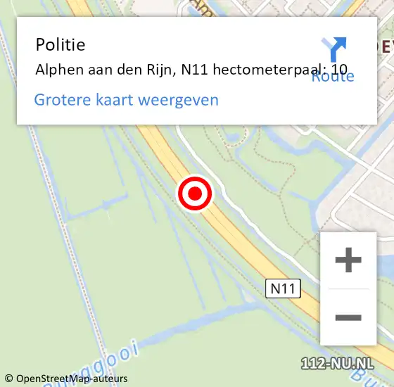 Locatie op kaart van de 112 melding: Politie Alphen aan den Rijn, N11 hectometerpaal: 10 op 28 juli 2024 12:53