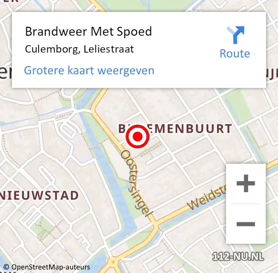 Locatie op kaart van de 112 melding: Brandweer Met Spoed Naar Culemborg, Leliestraat op 28 juli 2024 15:18