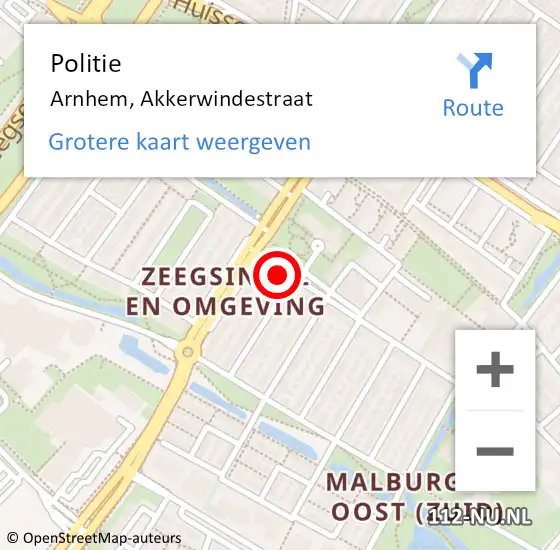 Locatie op kaart van de 112 melding: Politie Arnhem, Akkerwindestraat op 28 juli 2024 16:51