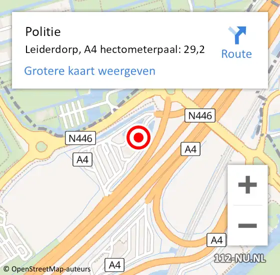 Locatie op kaart van de 112 melding: Politie Leiderdorp, A4 hectometerpaal: 29,2 op 28 juli 2024 17:29