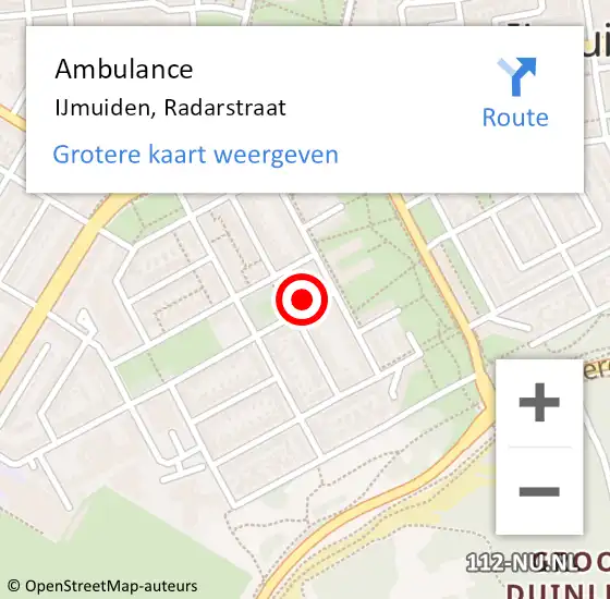 Locatie op kaart van de 112 melding: Ambulance IJmuiden, Radarstraat op 28 juli 2024 17:51