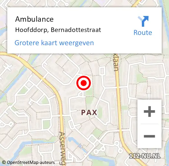 Locatie op kaart van de 112 melding: Ambulance Hoofddorp, Bernadottestraat op 28 juli 2024 18:02