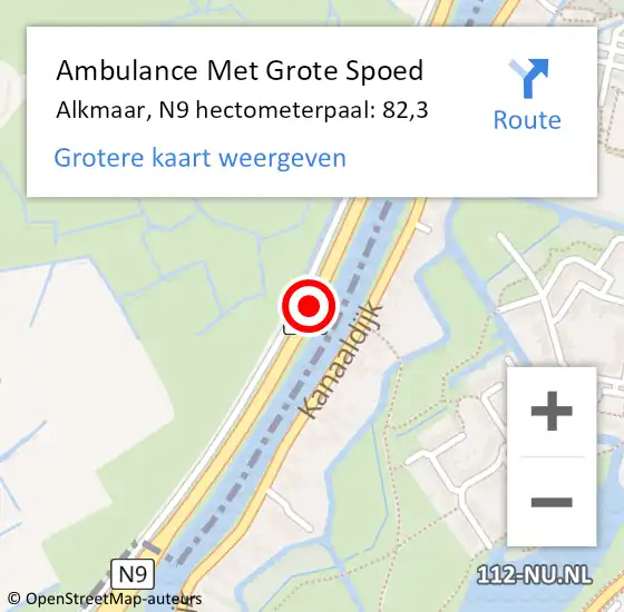 Locatie op kaart van de 112 melding: Ambulance Met Grote Spoed Naar Alkmaar, N9 hectometerpaal: 82,3 op 28 juli 2024 18:22