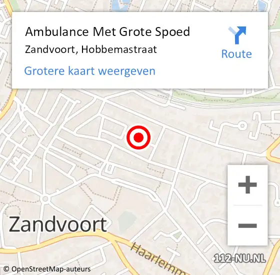 Locatie op kaart van de 112 melding: Ambulance Met Grote Spoed Naar Zandvoort, Hobbemastraat op 28 juli 2024 18:59