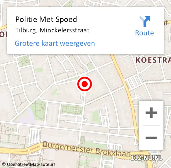 Locatie op kaart van de 112 melding: Politie Met Spoed Naar Tilburg, Minckelersstraat op 28 juli 2024 19:48