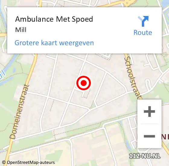 Locatie op kaart van de 112 melding: Ambulance Met Spoed Naar Mill op 28 juli 2024 20:25