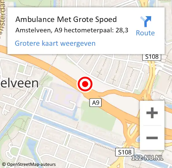 Locatie op kaart van de 112 melding: Ambulance Met Grote Spoed Naar Amstelveen, A9 hectometerpaal: 28,3 op 28 juli 2024 21:03