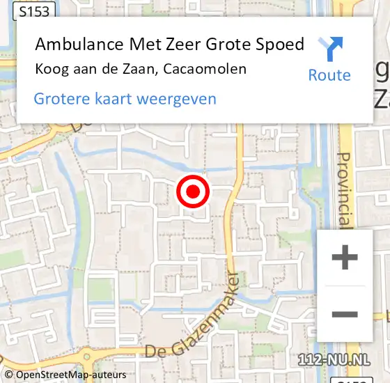 Locatie op kaart van de 112 melding: Ambulance Met Zeer Grote Spoed Naar Koog aan de Zaan, Cacaomolen op 28 juli 2024 21:19