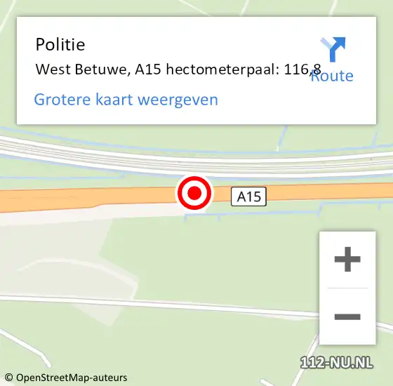 Locatie op kaart van de 112 melding: Politie West Betuwe, A15 hectometerpaal: 116,8 op 28 juli 2024 23:59