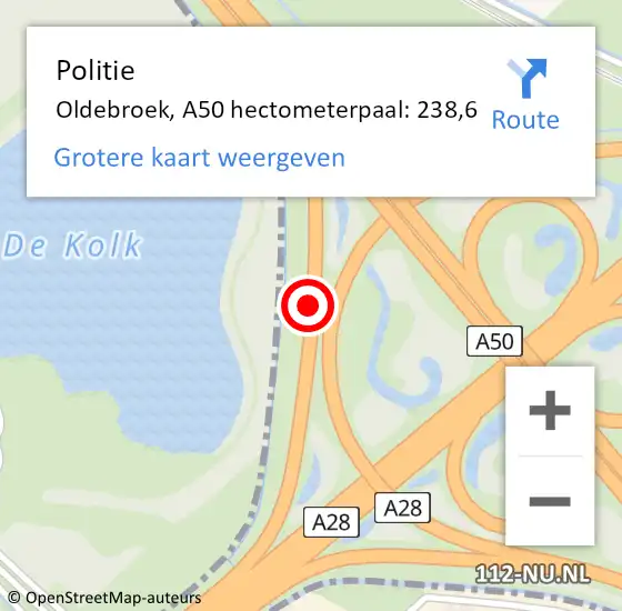 Locatie op kaart van de 112 melding: Politie Oldebroek, A50 hectometerpaal: 238,6 op 29 juli 2024 04:33