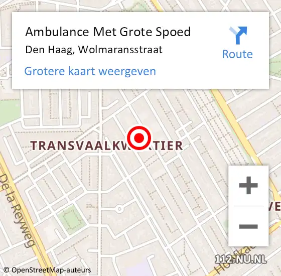 Locatie op kaart van de 112 melding: Ambulance Met Grote Spoed Naar Den Haag, Wolmaransstraat op 29 juli 2024 04:40