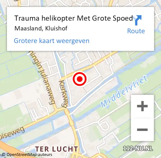 Locatie op kaart van de 112 melding: Trauma helikopter Met Grote Spoed Naar Maasland, Kluishof op 29 juli 2024 10:51