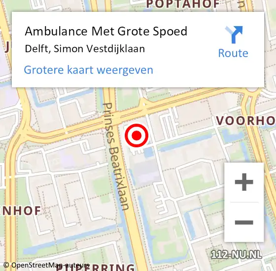 Locatie op kaart van de 112 melding: Ambulance Met Grote Spoed Naar Delft, Simon Vestdijklaan op 29 juli 2024 10:52