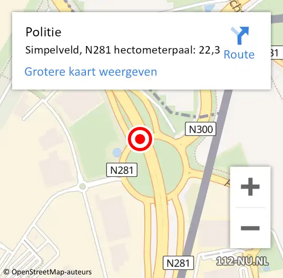 Locatie op kaart van de 112 melding: Politie Simpelveld, N281 hectometerpaal: 22,3 op 29 juli 2024 17:12