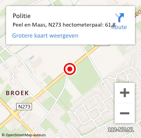 Locatie op kaart van de 112 melding: Politie Peel en Maas, N273 hectometerpaal: 61,8 op 29 juli 2024 17:46