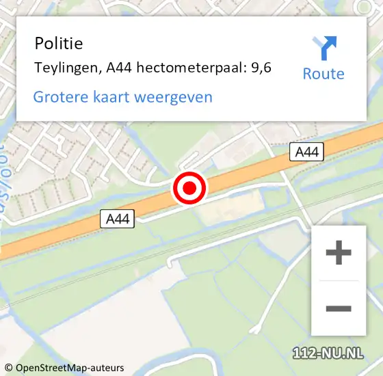 Locatie op kaart van de 112 melding: Politie Teylingen, A44 hectometerpaal: 9,6 op 29 juli 2024 18:16