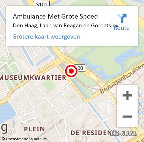 Locatie op kaart van de 112 melding: Ambulance Met Grote Spoed Naar Den Haag, Laan van Reagan en Gorbatsjov op 29 juli 2024 18:50