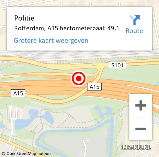 Locatie op kaart van de 112 melding: Politie Rotterdam, A15 hectometerpaal: 49,1 op 29 juli 2024 19:42