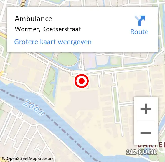 Locatie op kaart van de 112 melding: Ambulance Wormer, Koetserstraat op 29 juli 2024 19:52