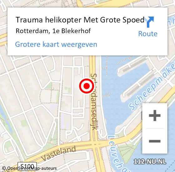 Locatie op kaart van de 112 melding: Trauma helikopter Met Grote Spoed Naar Rotterdam, 1e Blekerhof op 29 juli 2024 20:02