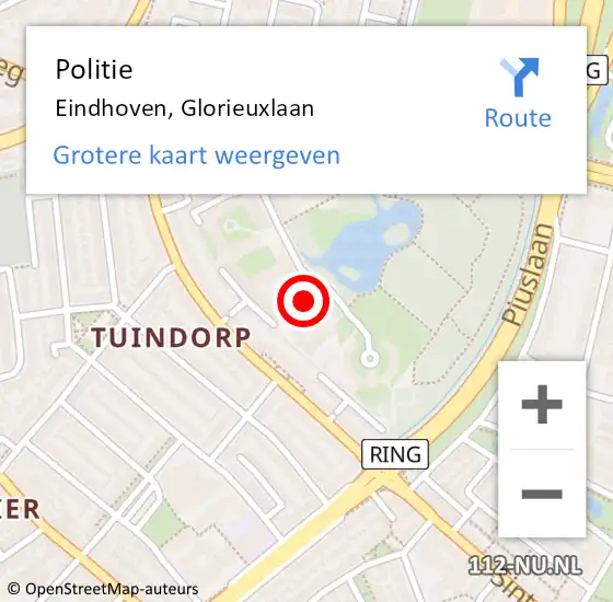 Locatie op kaart van de 112 melding: Politie Eindhoven, Glorieuxlaan op 29 juli 2024 21:13