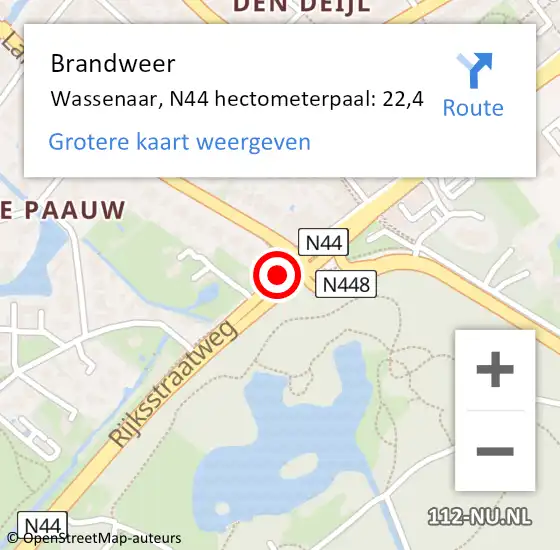 Locatie op kaart van de 112 melding: Brandweer Wassenaar, N44 hectometerpaal: 22,4 op 29 juli 2024 21:15