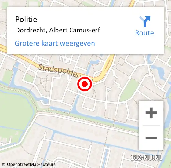 Locatie op kaart van de 112 melding: Politie Dordrecht, Albert Camus-erf op 30 juli 2024 03:04