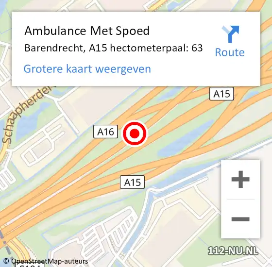 Locatie op kaart van de 112 melding: Ambulance Met Spoed Naar Barendrecht, A15 hectometerpaal: 63 op 30 juli 2024 08:05