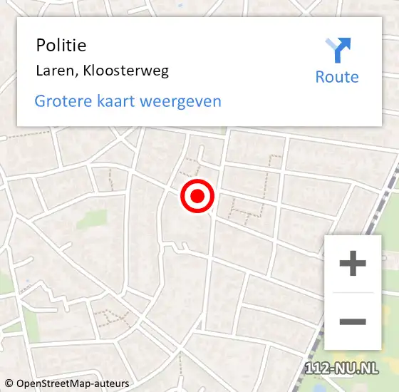 Locatie op kaart van de 112 melding: Politie Laren, Kloosterweg op 30 juli 2024 08:10