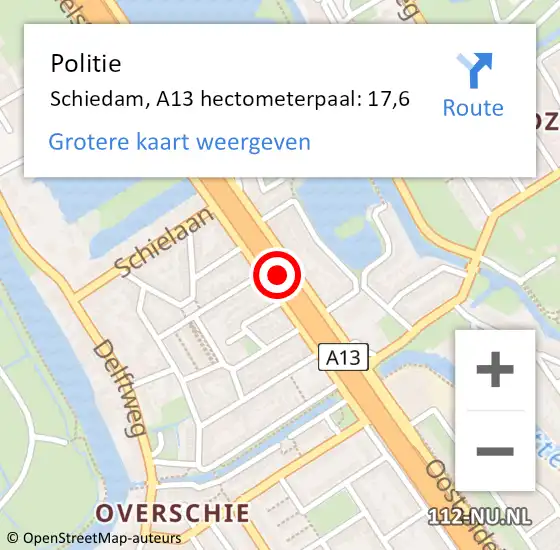 Locatie op kaart van de 112 melding: Politie Schiedam, A13 hectometerpaal: 17,6 op 30 juli 2024 09:47