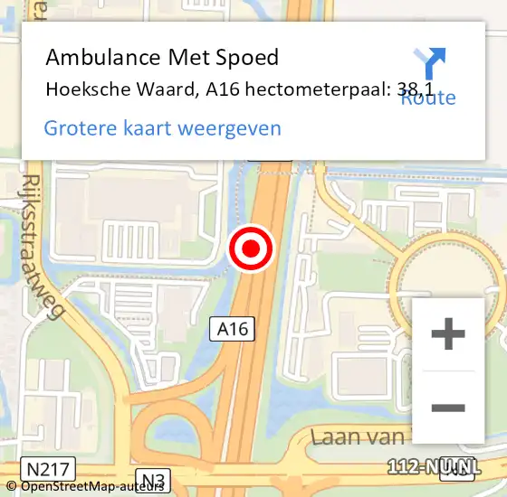 Locatie op kaart van de 112 melding: Ambulance Met Spoed Naar Hoeksche Waard, A16 hectometerpaal: 38,1 op 30 juli 2024 10:59