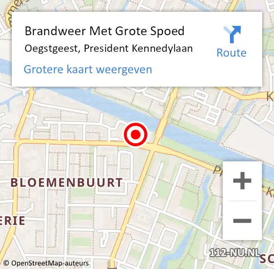 Locatie op kaart van de 112 melding: Brandweer Met Grote Spoed Naar Oegstgeest, President Kennedylaan op 30 juli 2024 11:09