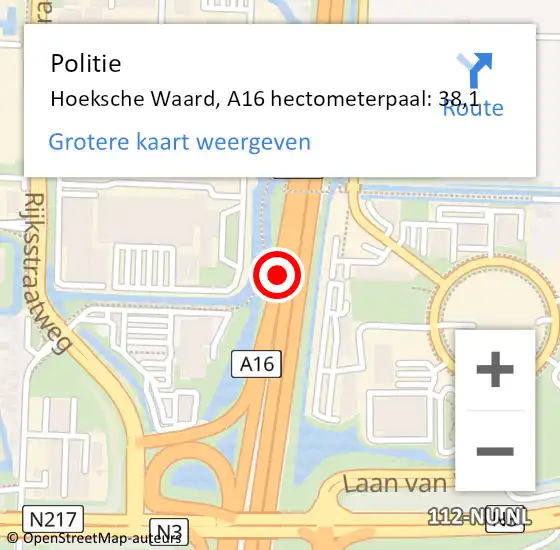 Locatie op kaart van de 112 melding: Politie Hoeksche Waard, A16 hectometerpaal: 38,1 op 30 juli 2024 11:29