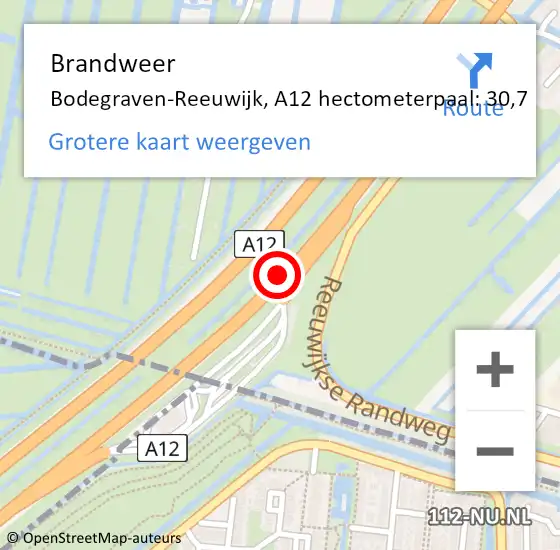 Locatie op kaart van de 112 melding: Brandweer Bodegraven-Reeuwijk, A12 hectometerpaal: 30,7 op 30 juli 2024 13:37
