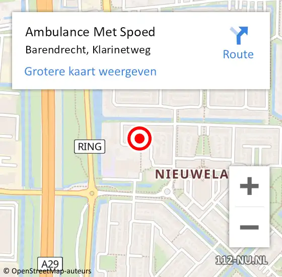 Locatie op kaart van de 112 melding: Ambulance Met Spoed Naar Barendrecht, Klarinetweg op 30 juli 2024 14:39